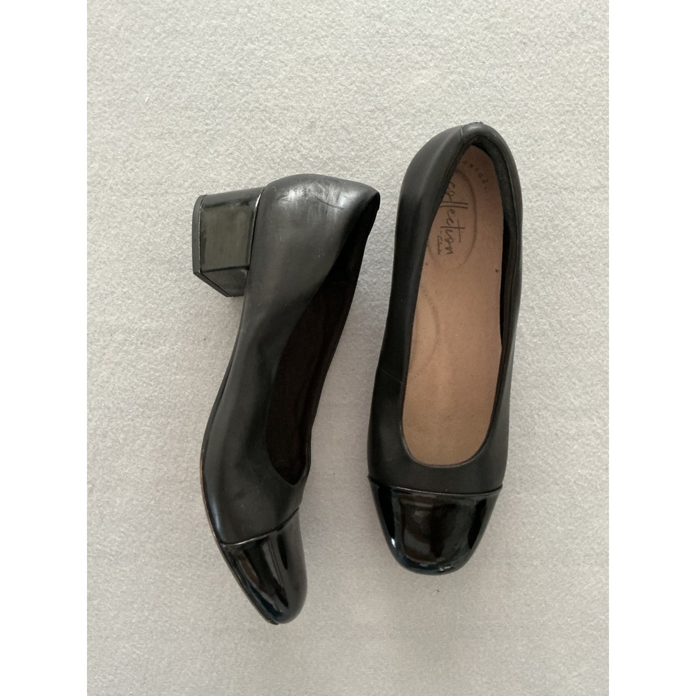 Clarks Collection Pumps Size 10 Black Leather Patent Cap Toe Block Heel 26138400 - Picture 1 of 9